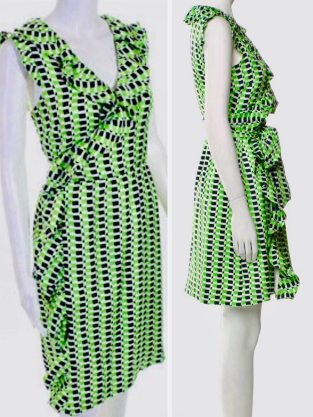 KATE SPADE Aubrey Wrap Silk Geo Print Belted Ruffle Midi Dress Green & Navy Blue